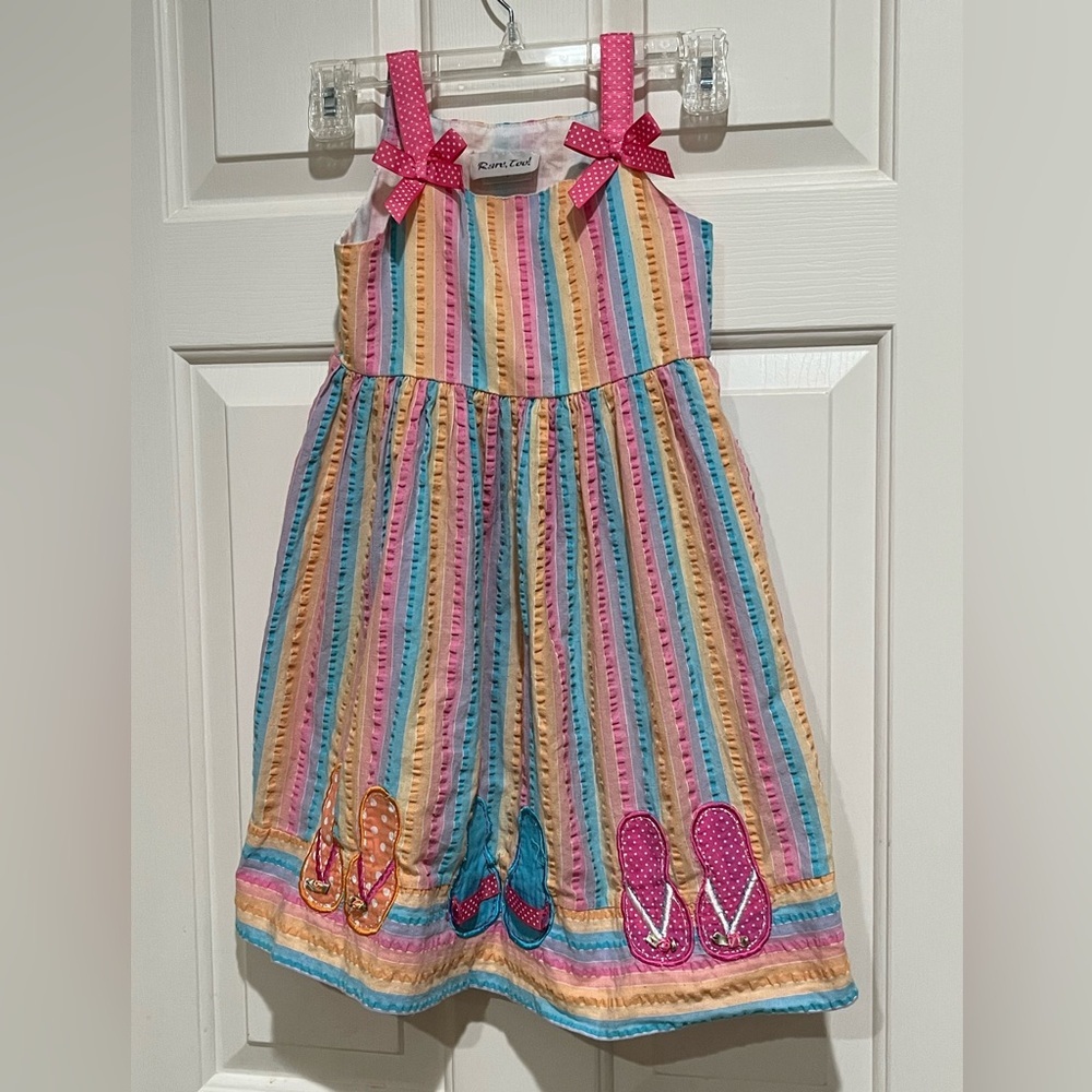 RARE TOO, Girls Rainbow Stripe Dress with Pink Polka Dot Shoulder Bows SUZE 5